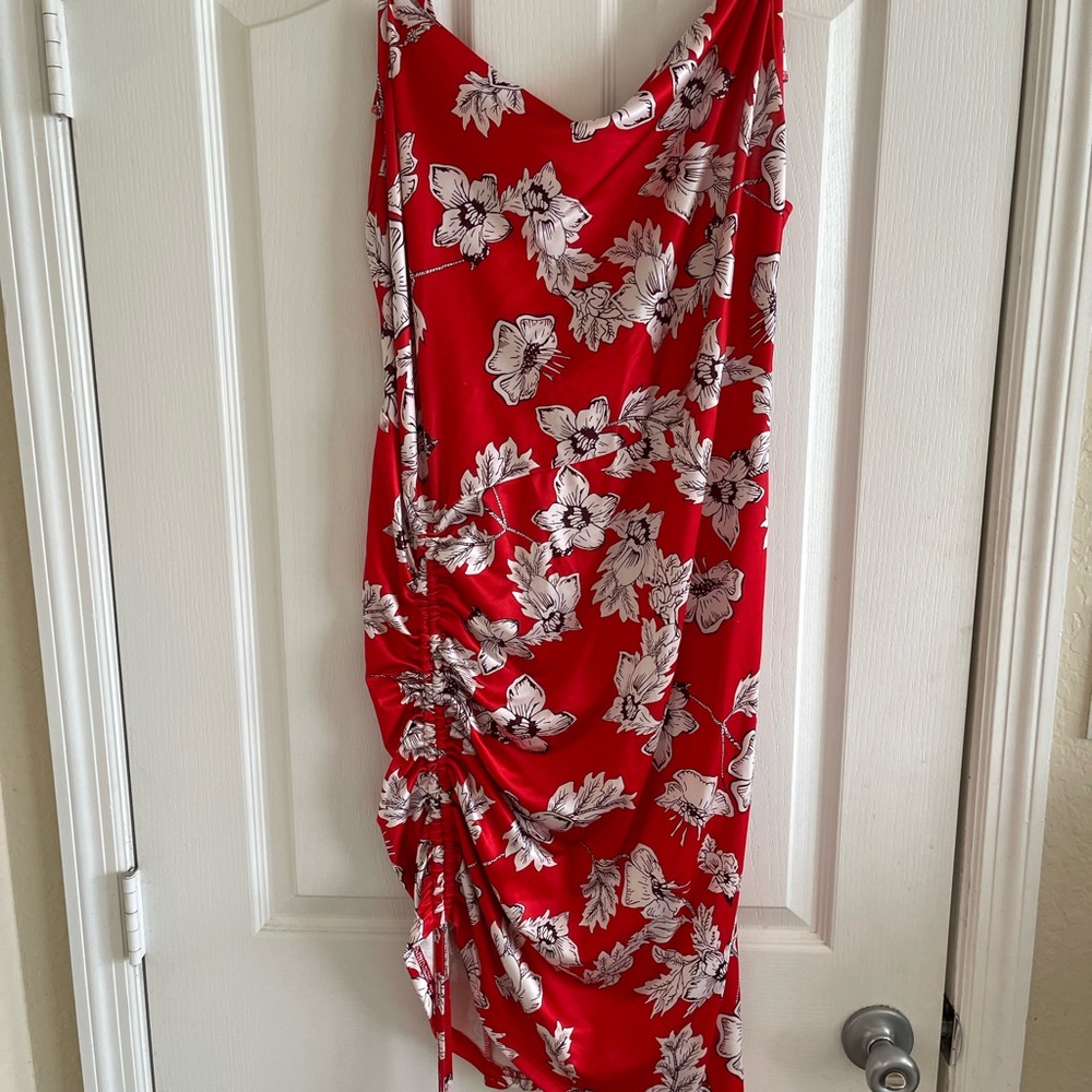Stretchy Red Floral Ruched Slip Dress Plus Size (2XL)